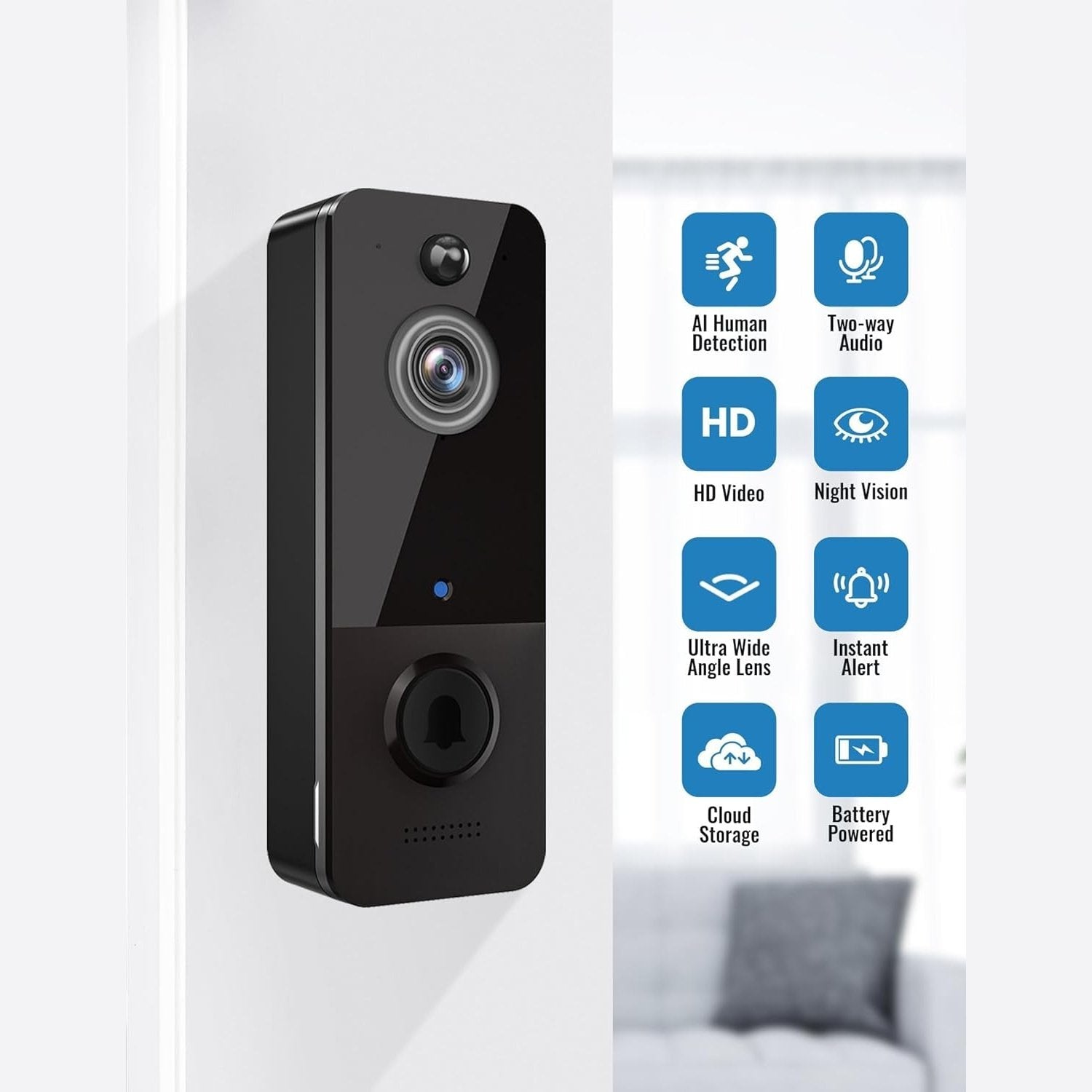 Video Doorbell Camera Wireless, 2-Way Audio Included Chime Ring, AI Human Detection, Live View, 2.4G Wi-Fi, Motion Alerts, Night Vision, Cloud Storage, Indoor/Outdoor Surveillance Cam