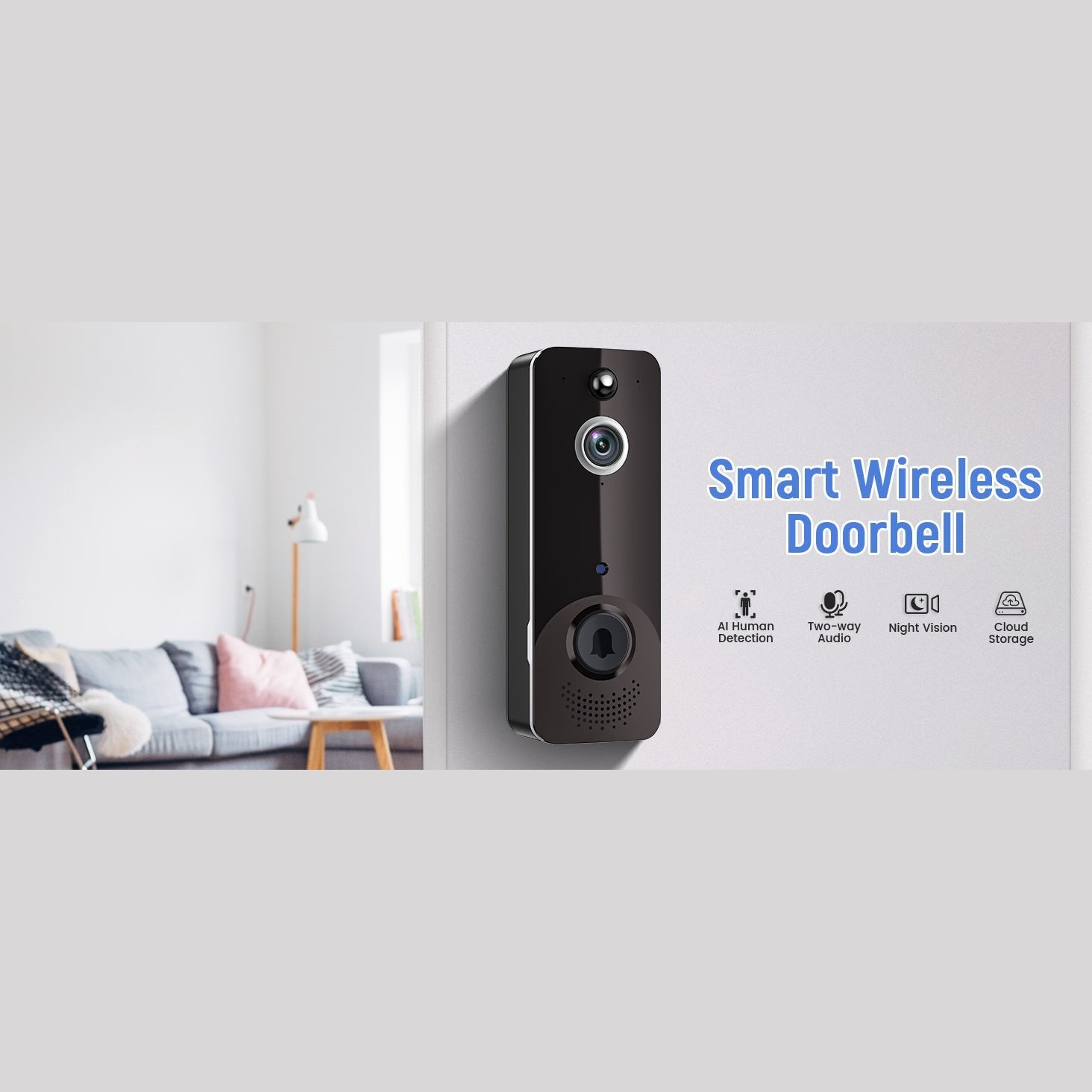 Smart Video Doorbell Camera Wireless with Ring Chime, AI Human Detection, Night Vision, 2.4GHz Wi-Fi Support, Cloud Storage, IP65 Waterproof, Instant Alert, Indoor/Outdoor Surveillance